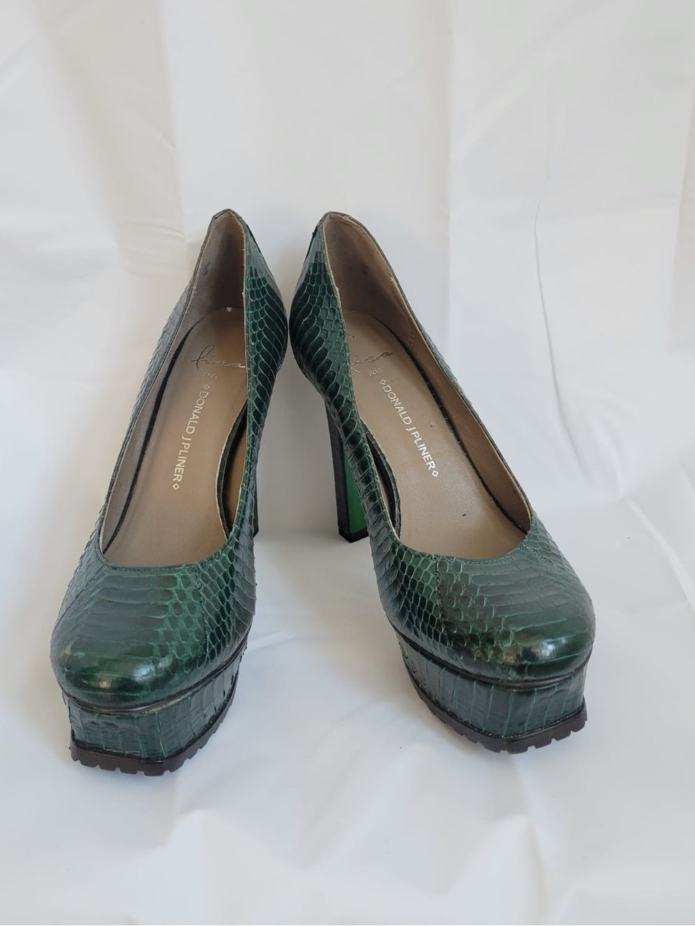 Donald J. Pliner Dark Green Snakeskin Platform Pumps